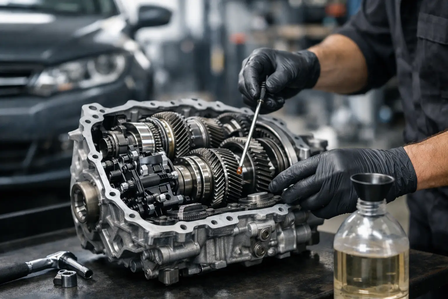 How to Maintain DSG Gearbox Properly DSG gearbox fluid being changed on a Volkswagen Audi Group vehicle at Mechalex Aldermaston